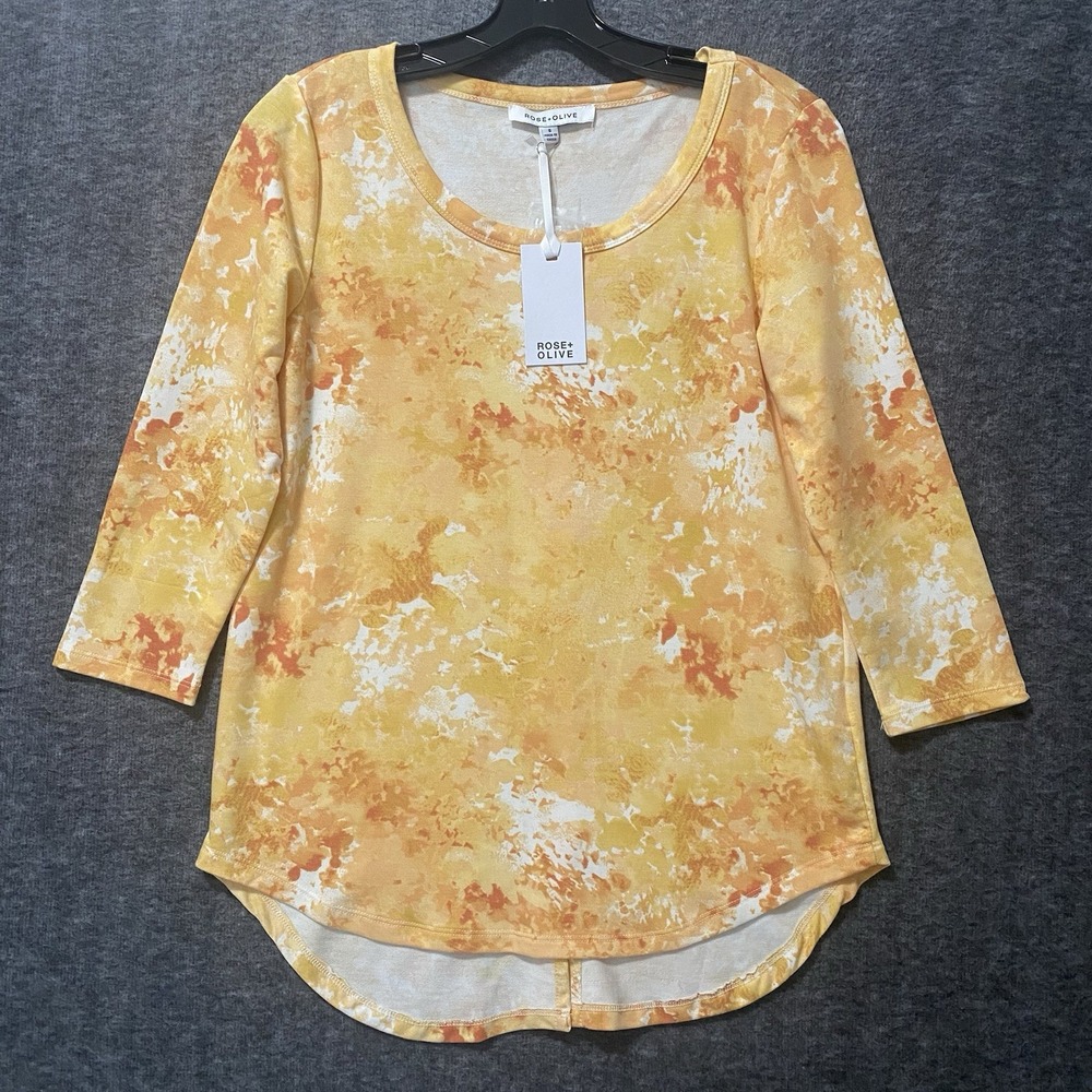 NEW Rose Olive Top Womens‎ Small Yellow Orange Hi Low Stretch Tee Shirt Casual